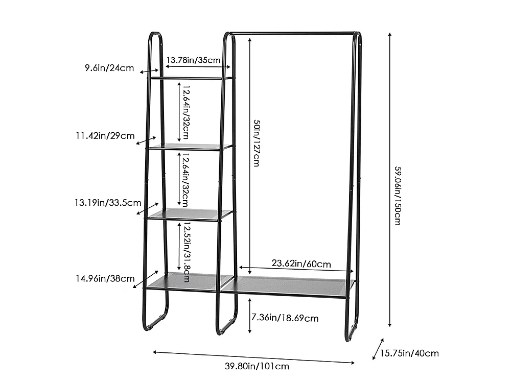 Freestanding Metal Garment Rack with Shelves Black