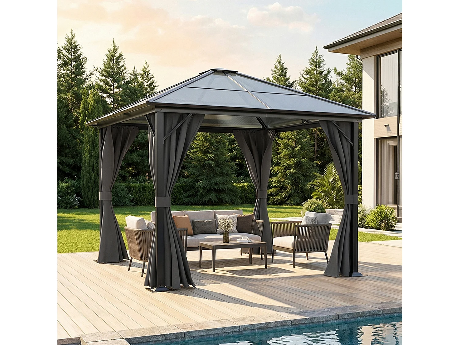 3 x 3m Dark Grey Outdoor Metal Gazebo with Side Curtains