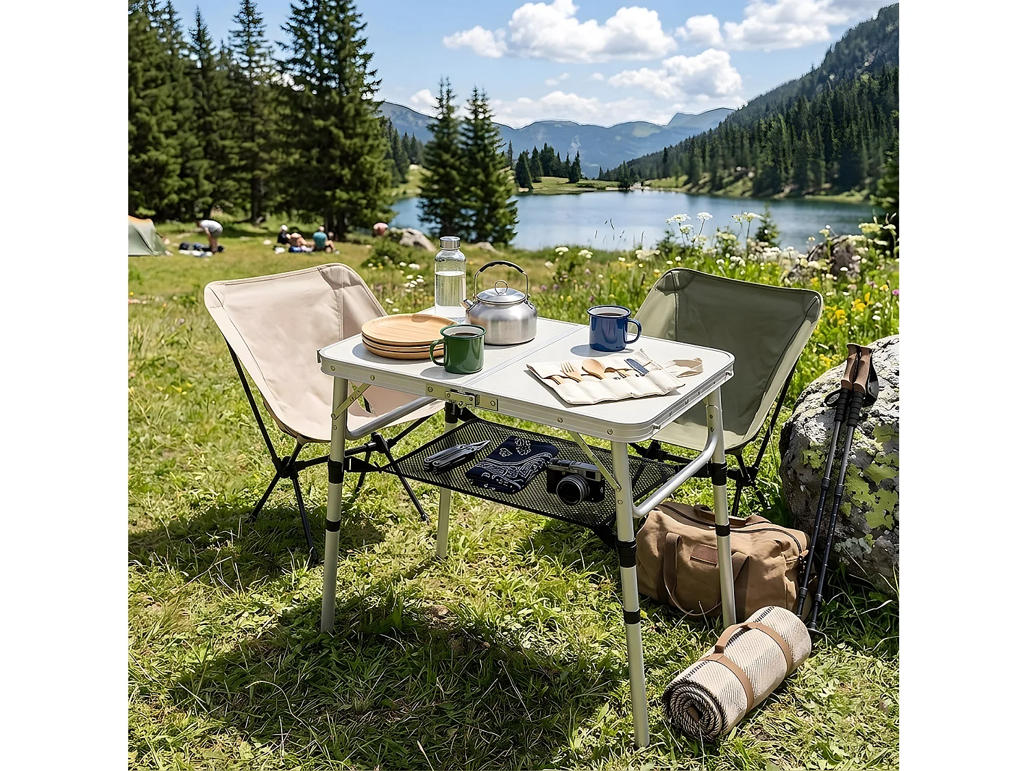 Foldable Aluminium Camping Table with Adjustable Height - Double Folding - Beige White