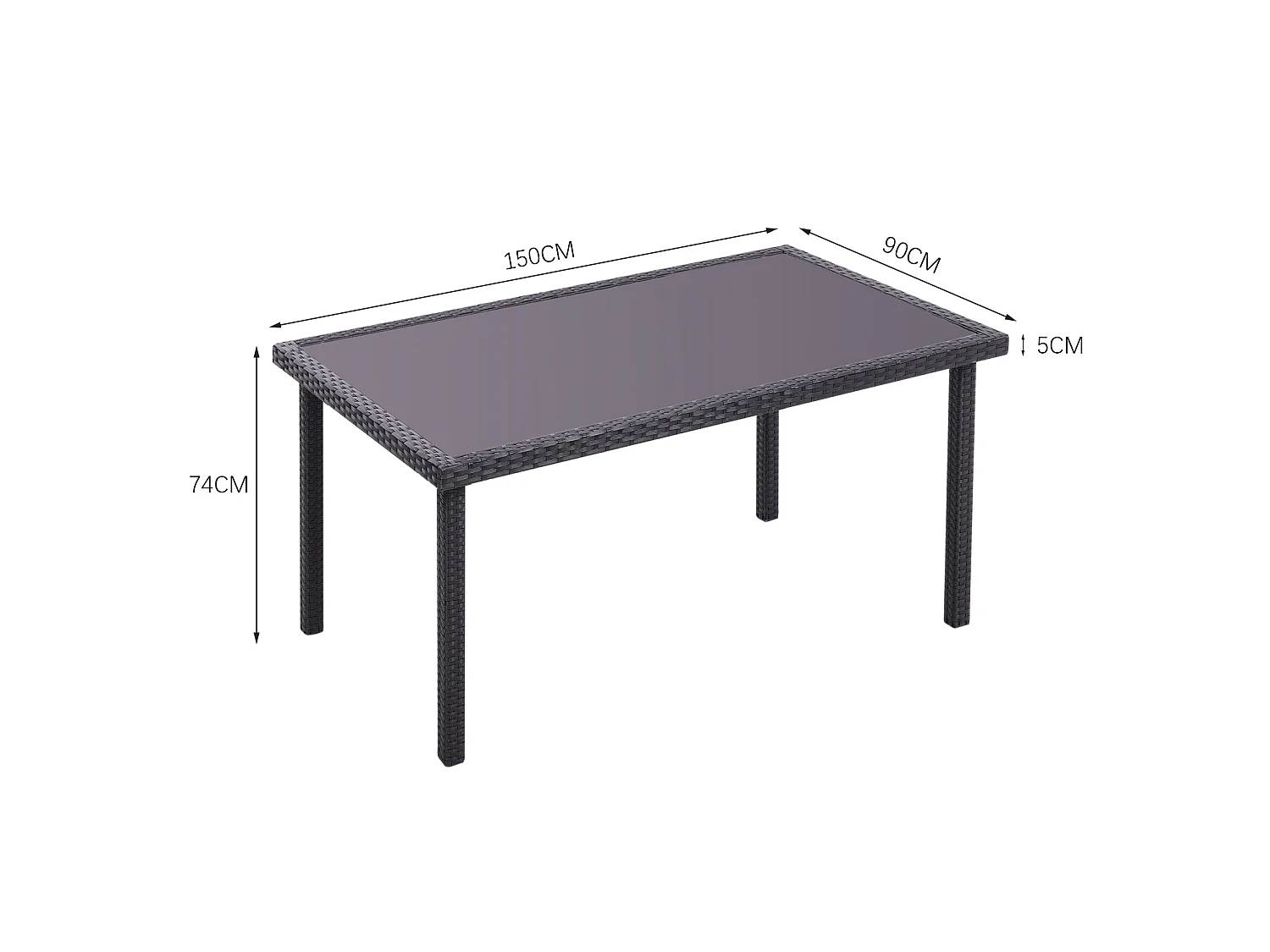 Rectangular Rattan Garden Dining Table with Tempered Glass Top - Black