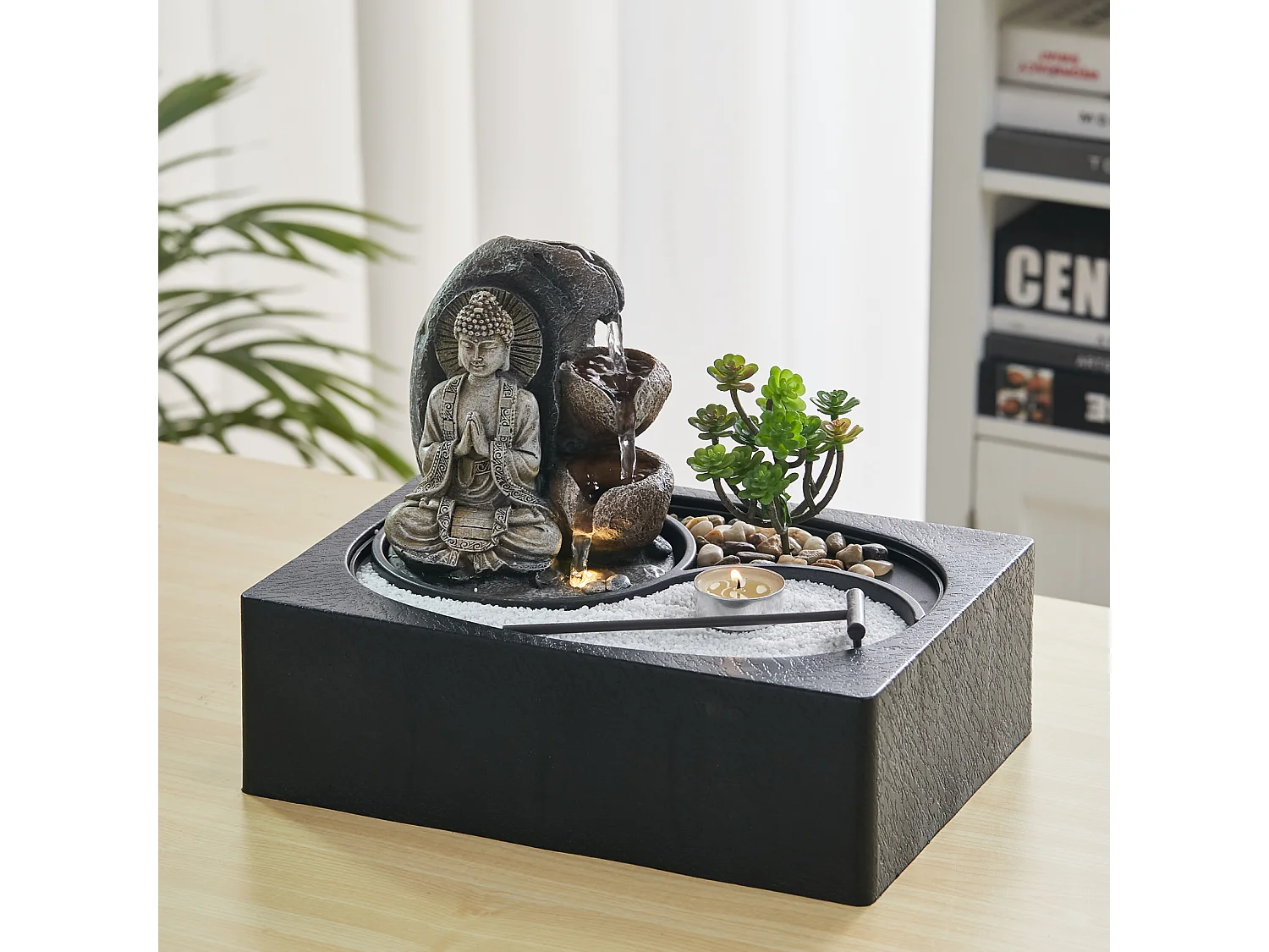 Indoor Zen Resin Water Fountain with LED Light - Tabletop Decor for Office & Home