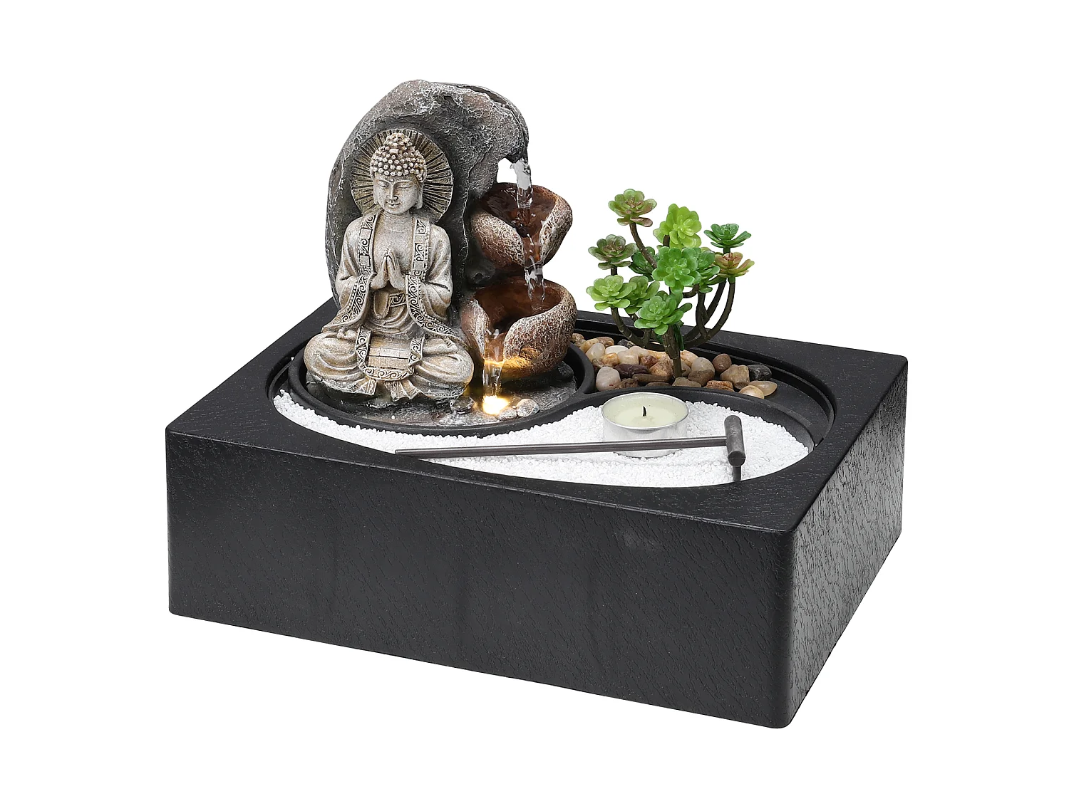 Indoor Zen Resin Water Fountain with LED Light - Tabletop Decor for Office & Home