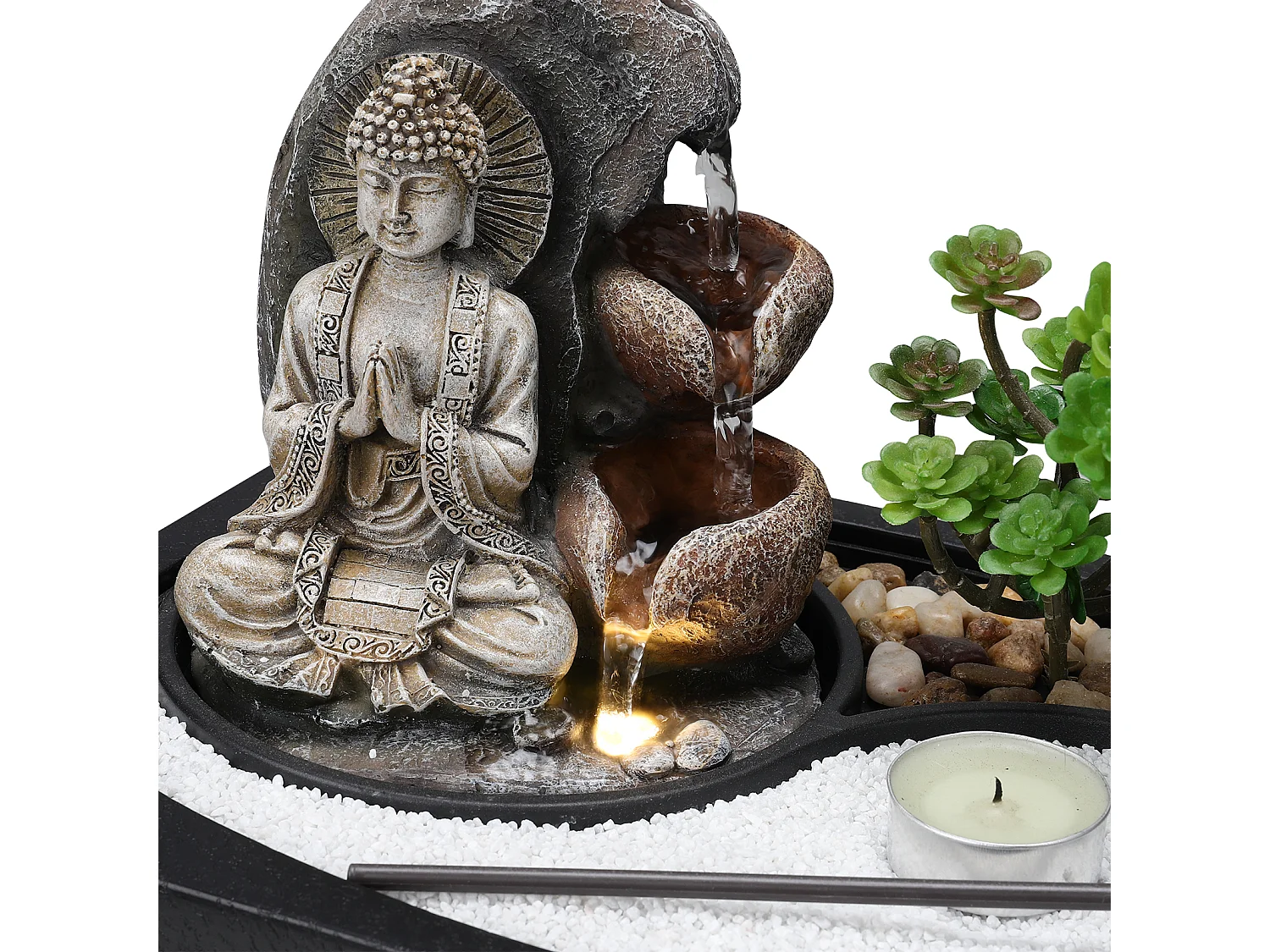 Indoor Zen Resin Water Fountain with LED Light - Tabletop Decor for Office & Home