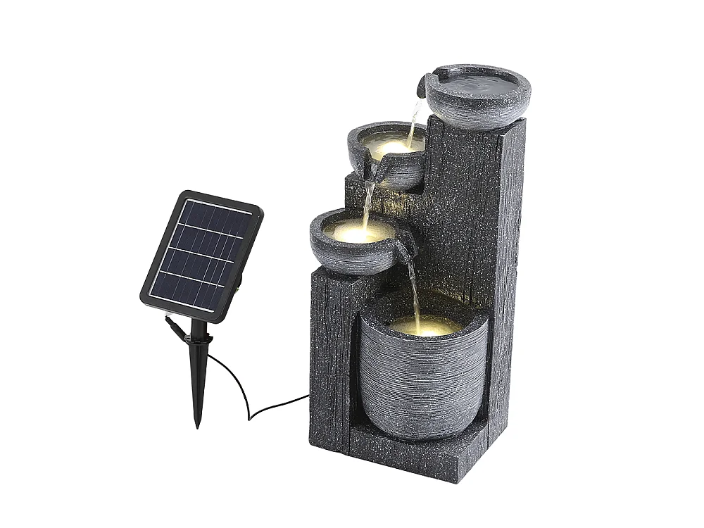4-Tier Resin Rockery Water Fountain with Solar Power and LED Light