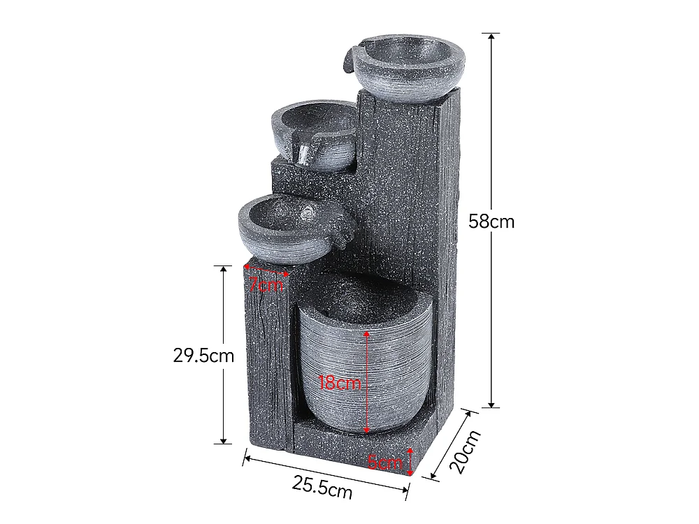 4-Tier Resin Rockery Water Fountain with Solar Power and LED Light