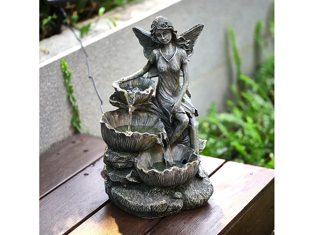 Grey Resin Solar Powered Fairy Cascading Bowl Water Fountain with LED Light