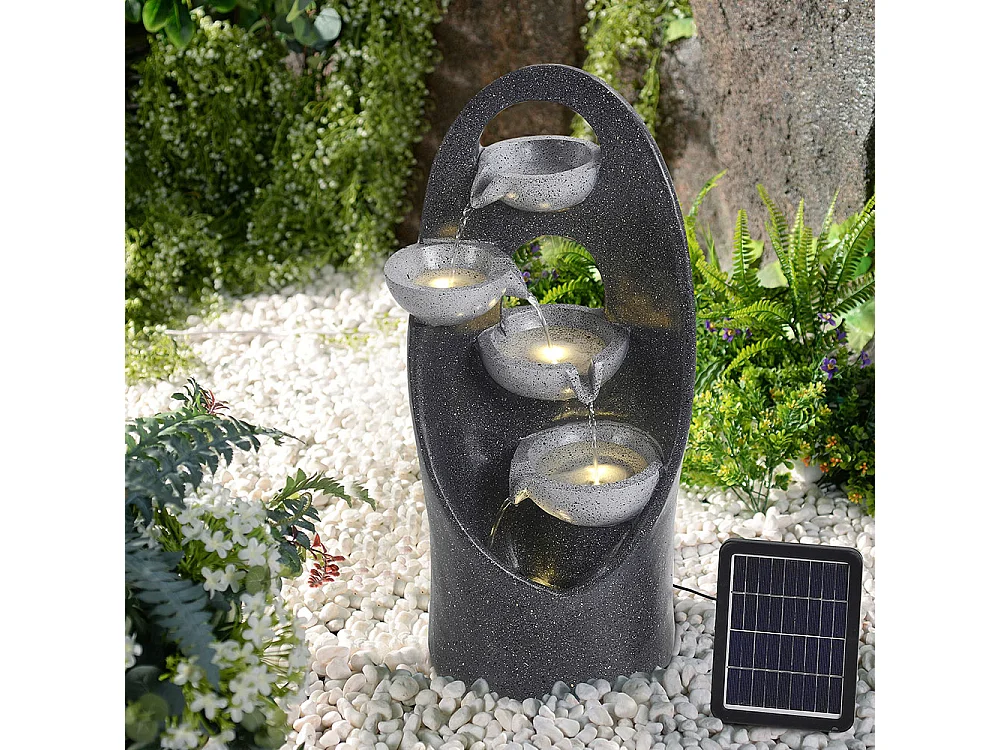 Grey Resin 4-Tier Solar Powered Cascading Bowl Water Fountain with LED Light