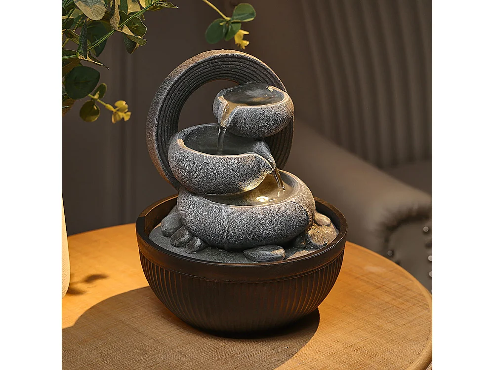 Grey Resin 3-Tier Tabletop Rock Water Fountain with LED Light