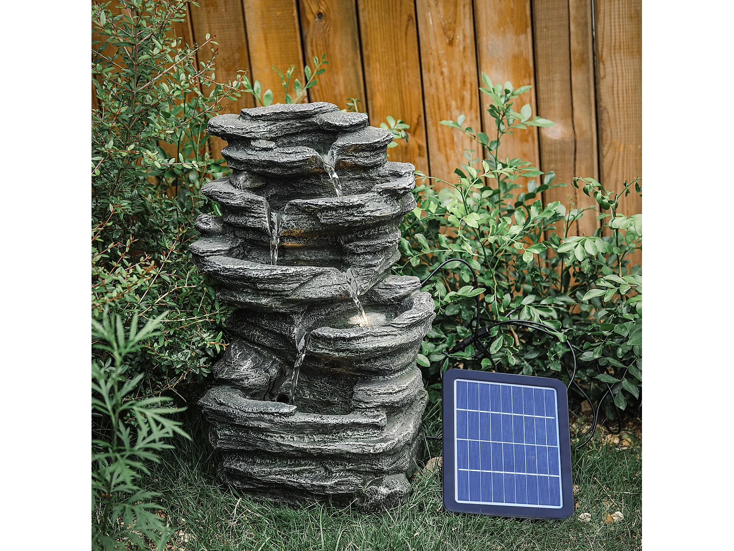 Black Resin Multi-Tier Rockery Solar Powered Water Fountain with LED Light