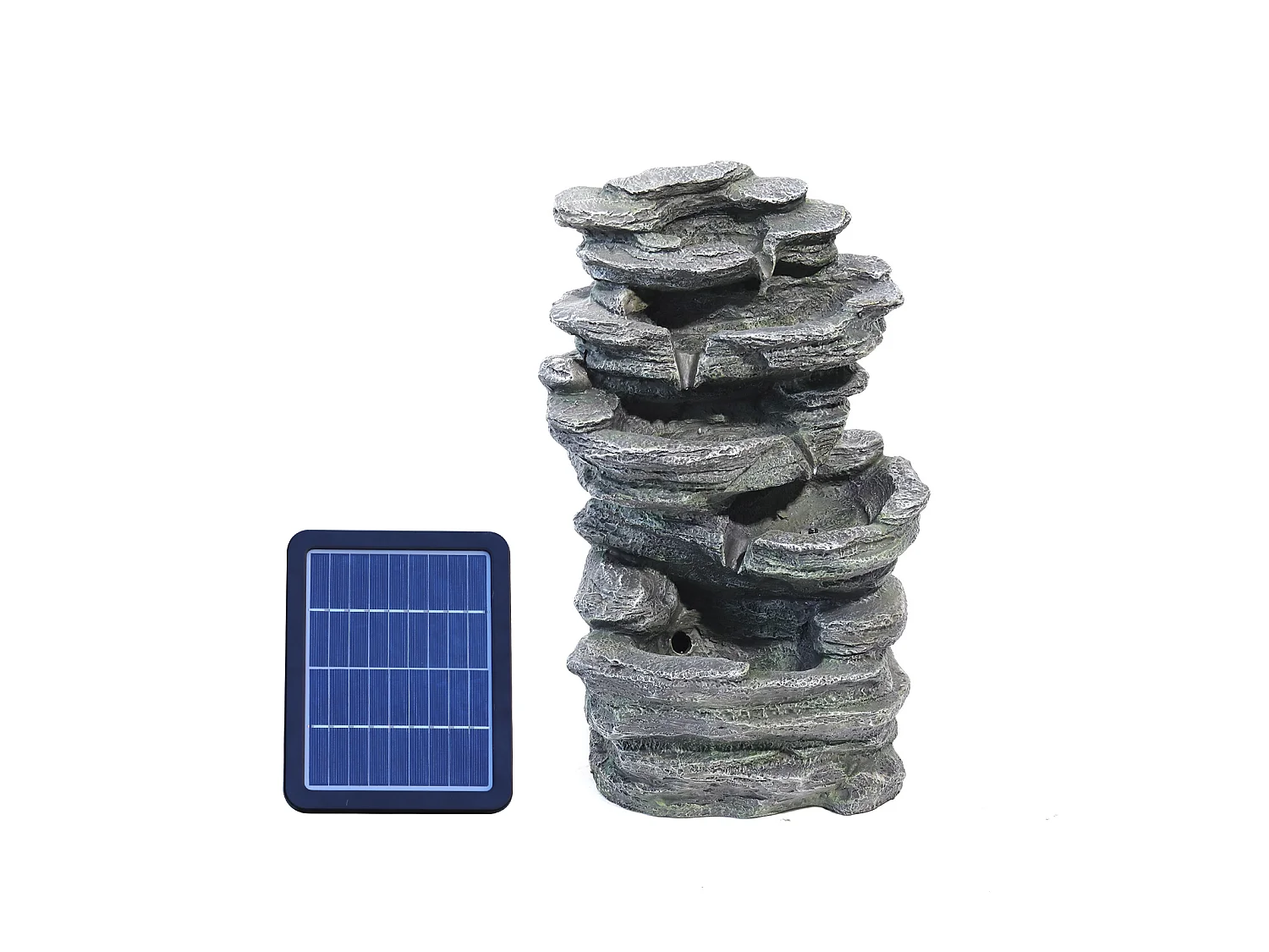 Black Resin Multi-Tier Rockery Solar Powered Water Fountain with LED Light