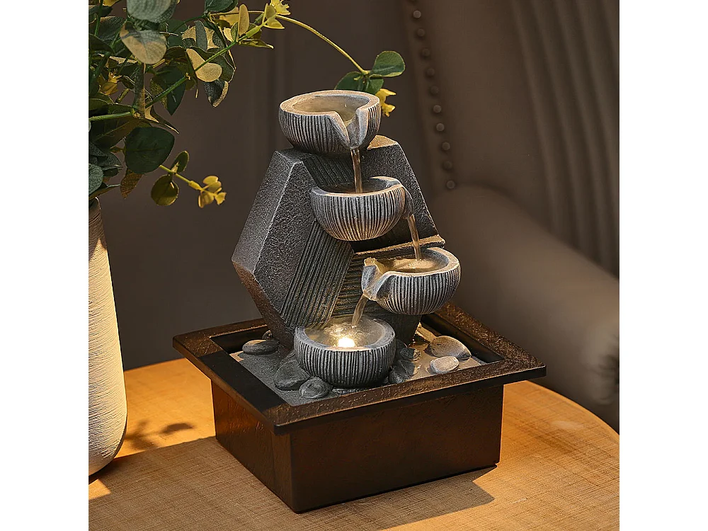 Grey Resin 4-Tier Tabletop Rock Water Fountain with LED Light