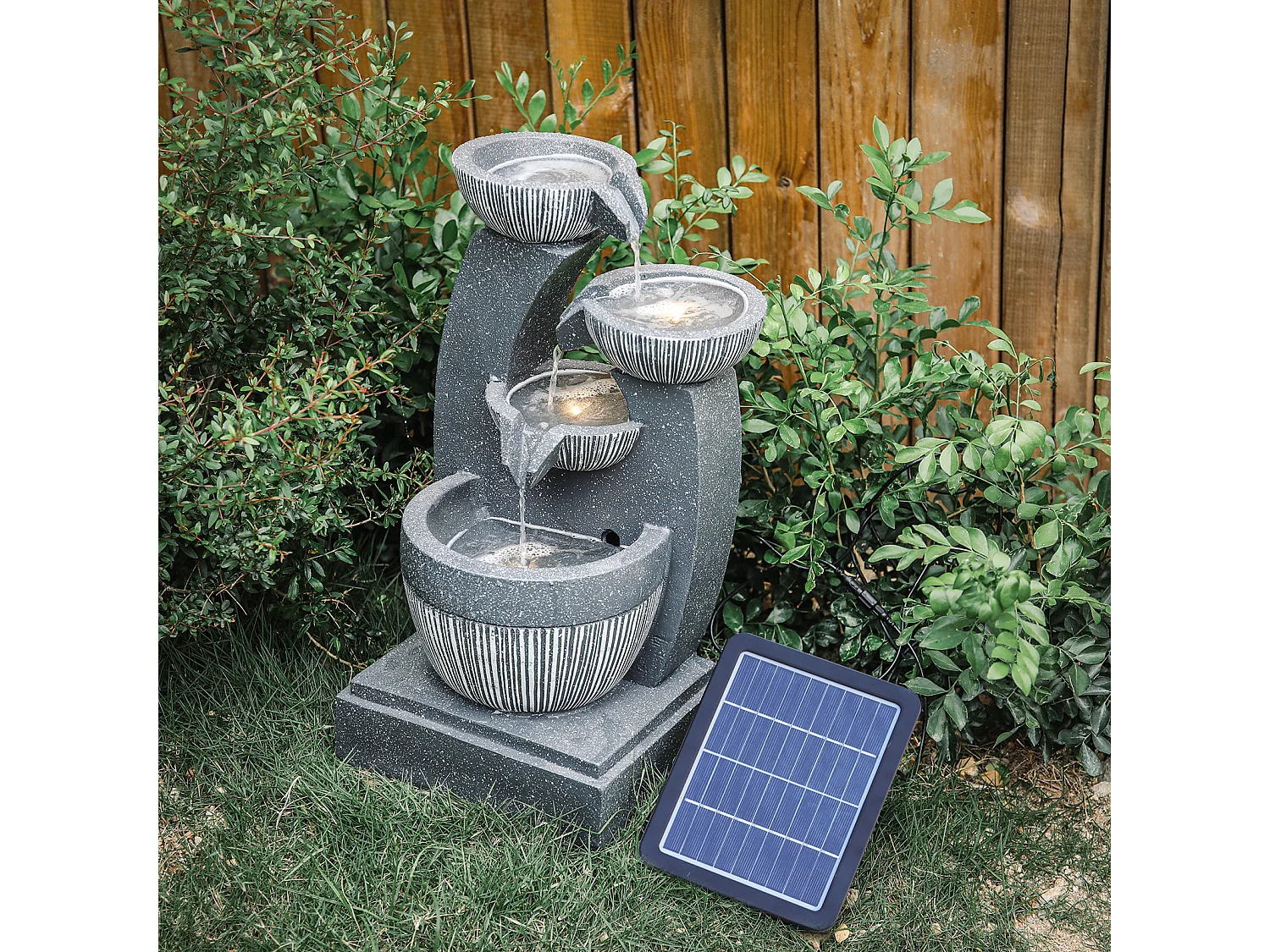 Black Resin 4-Tier Rockery Solar Powered Water Fountain with LED Light