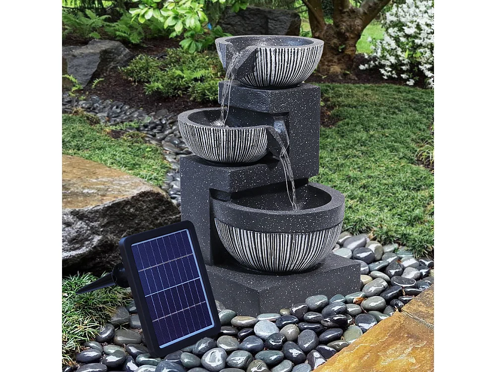 Black Resin 3-Tier Rockery Solar Powered Water Fountain with LED Light