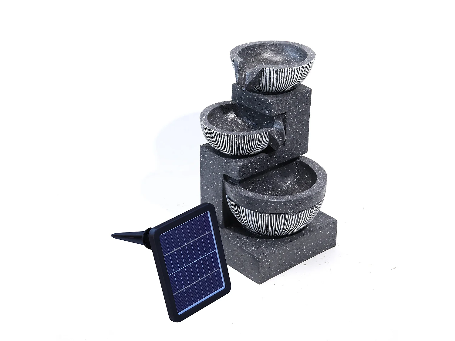 Black Resin 3-Tier Rockery Solar Powered Water Fountain with LED Light
