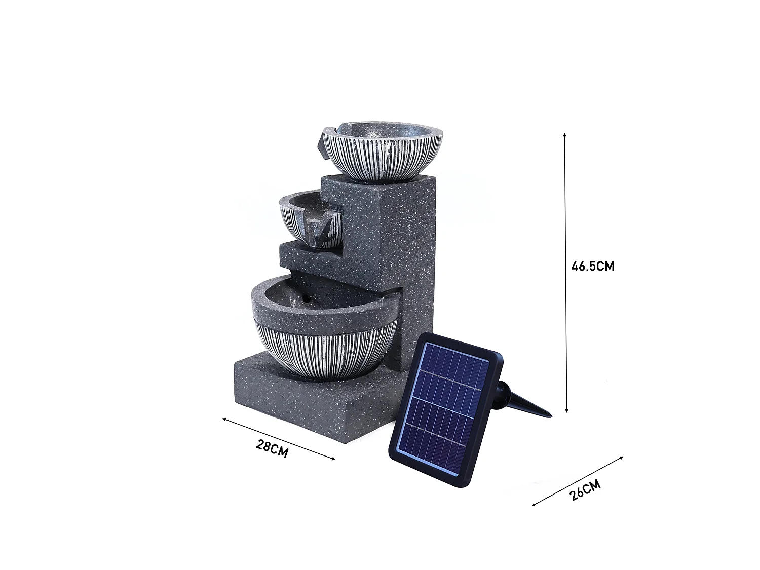 Black Resin 3-Tier Rockery Solar Powered Water Fountain with LED Light