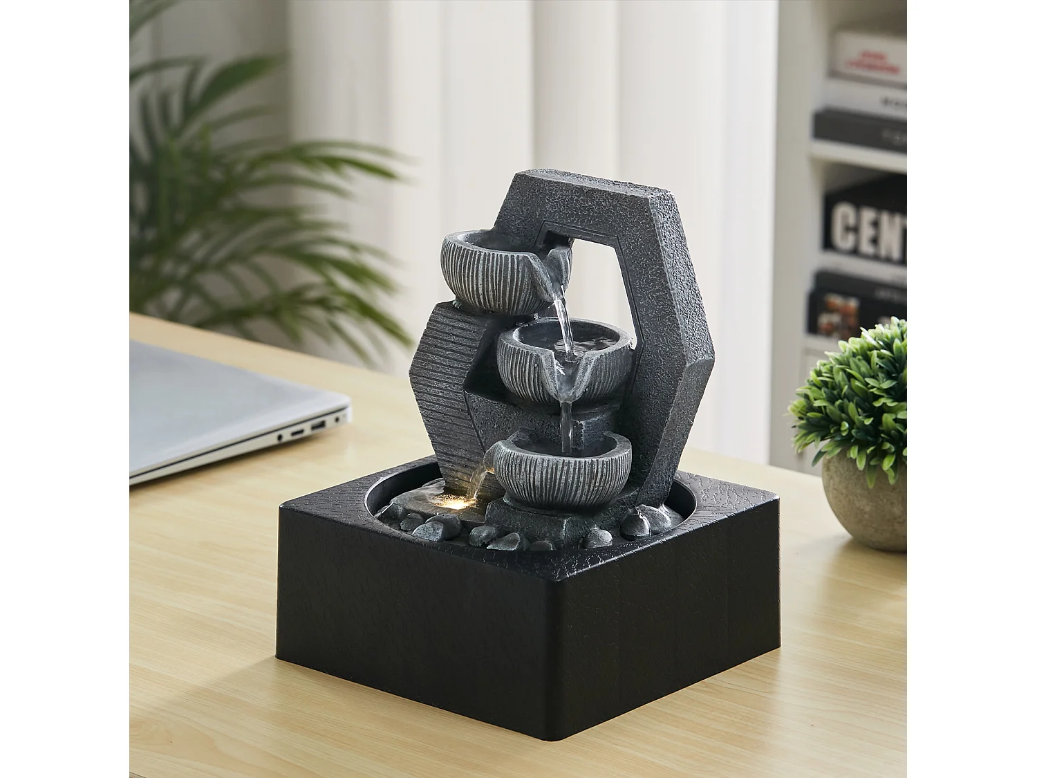 Grey Resin Multi-Tier Tabletop Rock Water Fountain with LED Light