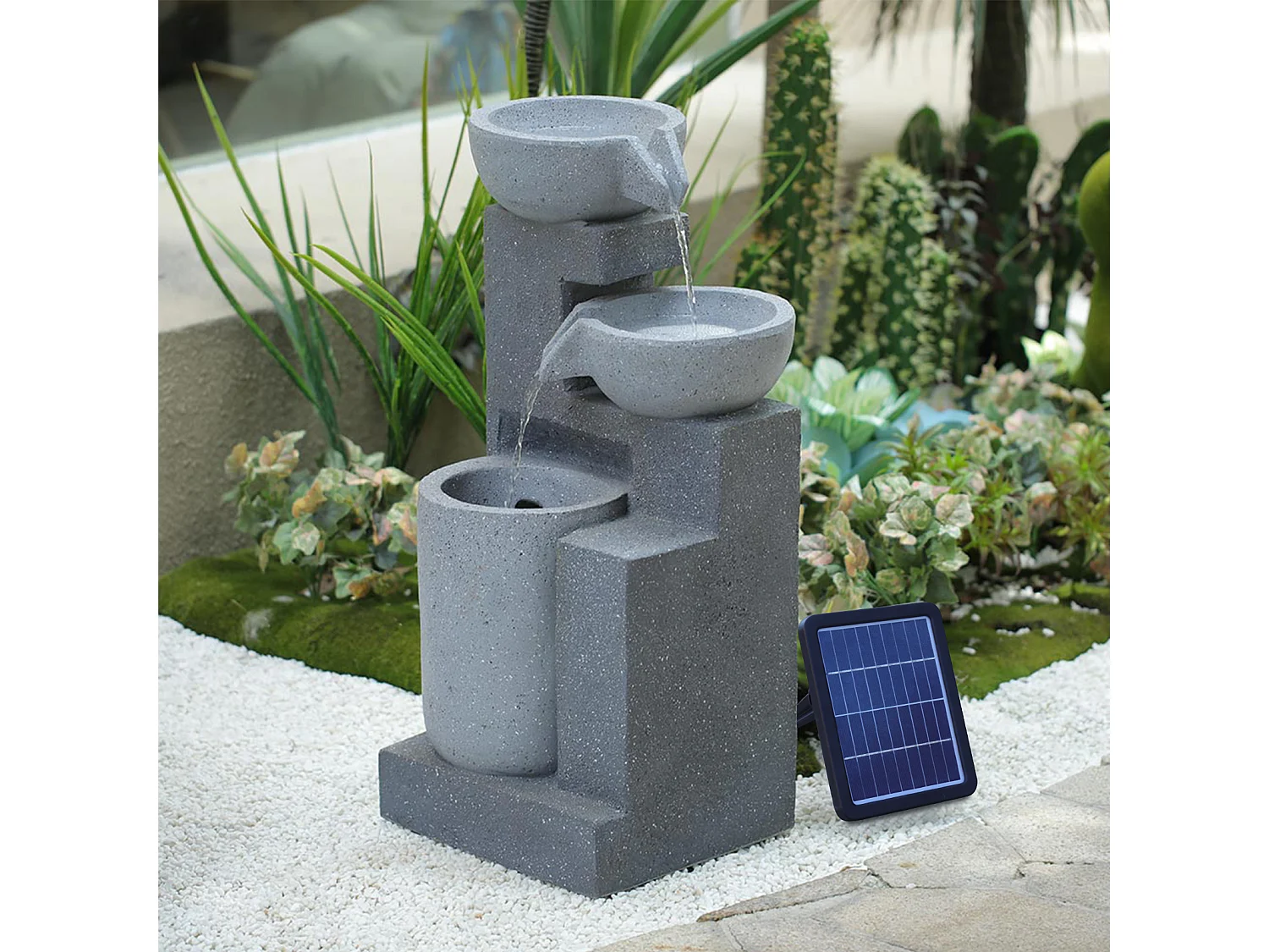 Grey Resin 3-Tier Solar Powered Rockery Water Fountain with LED Light