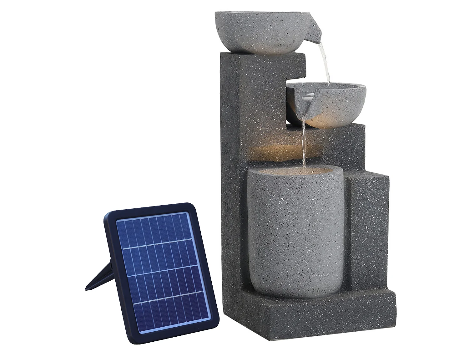 Grey Resin 3-Tier Solar Powered Rockery Water Fountain with LED Light