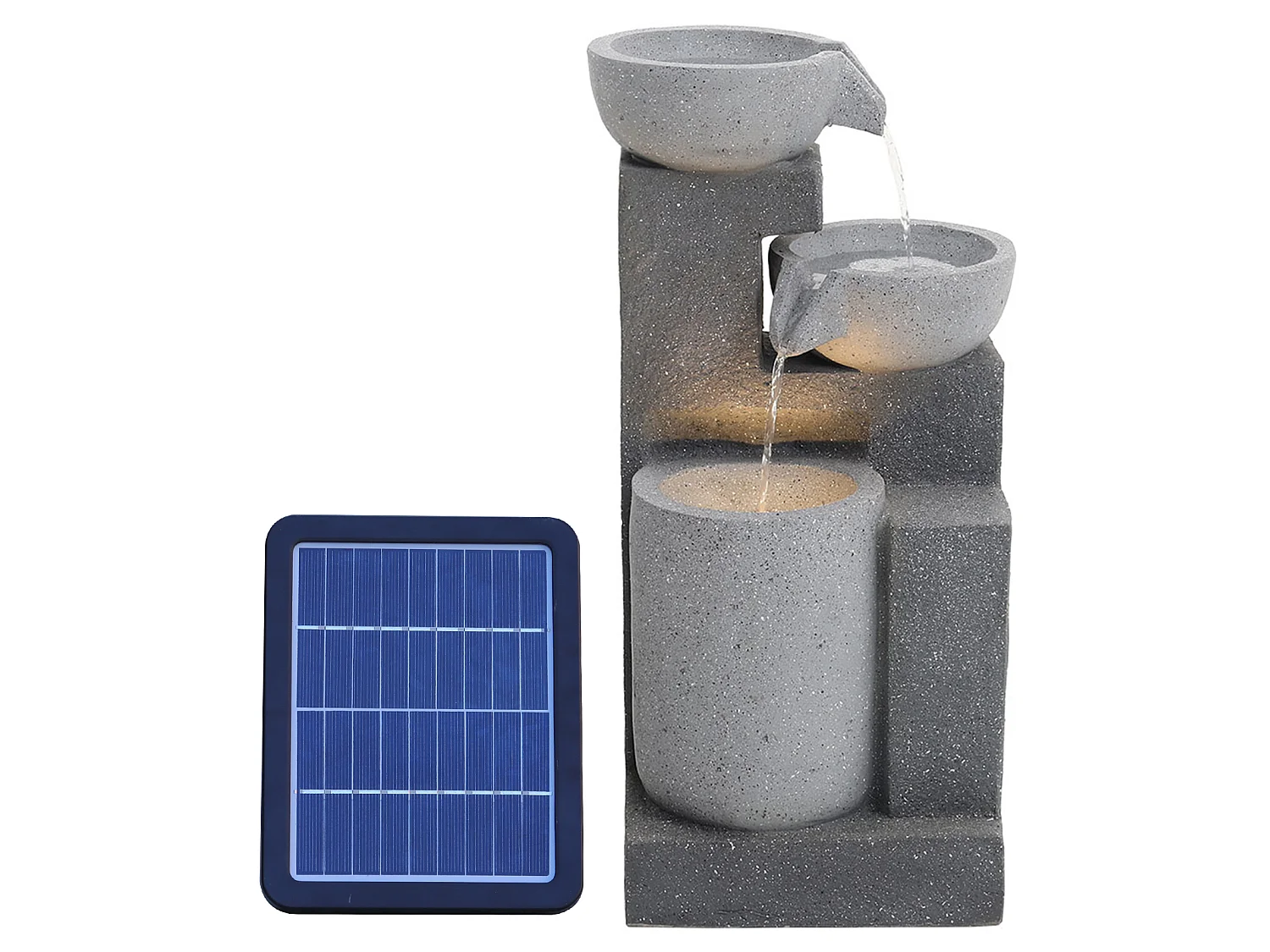 Grey Resin 3-Tier Solar Powered Rockery Water Fountain with LED Light