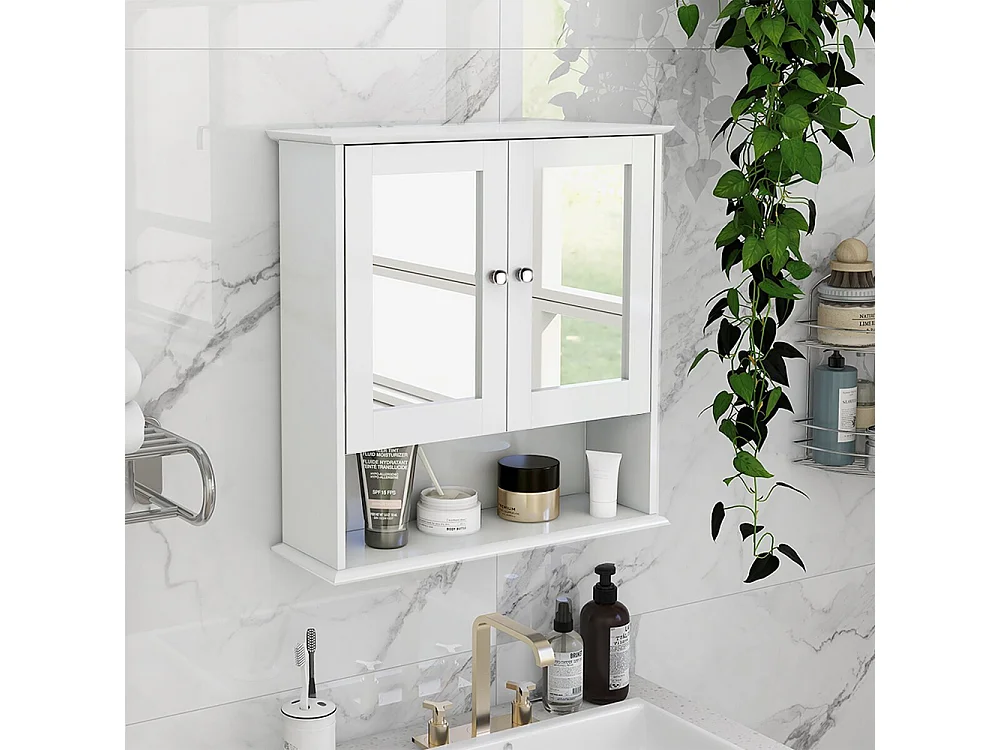 White Wall Mounted Bathroom Cabinet with Mirror & Shelf