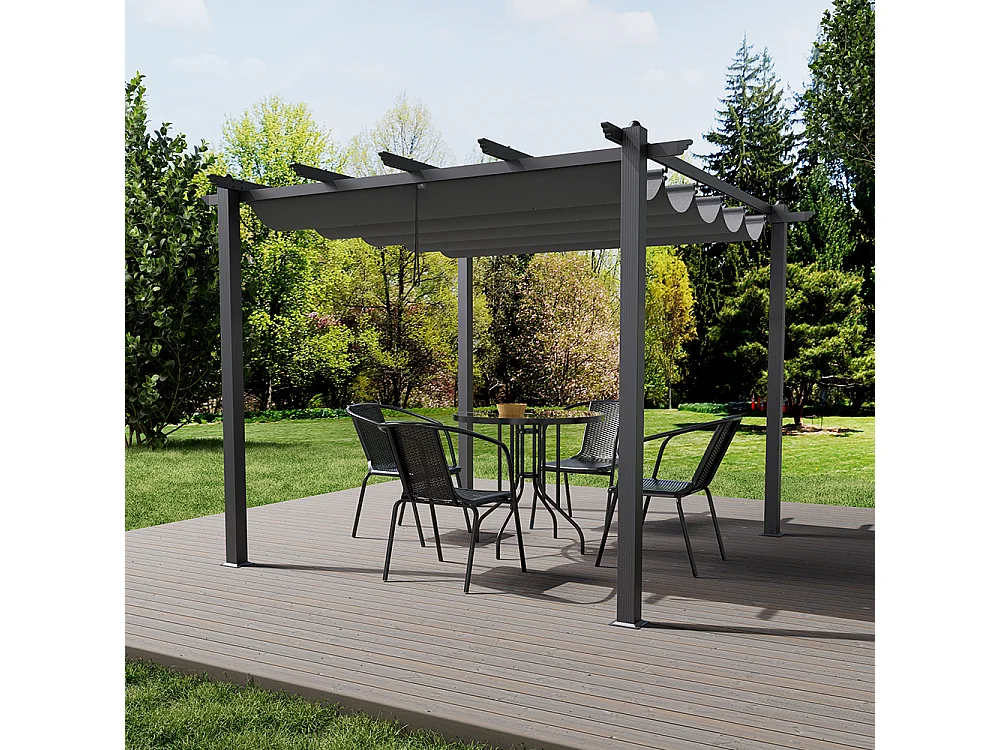 Aluminium Garden Pergola with Retractable UV-Resistant Canopy - 400 x 300cm - Charcoal Grey