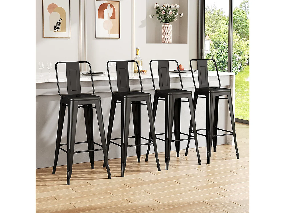 Set of 4 Black Metal Bar Stools Mid Century Industrial Style