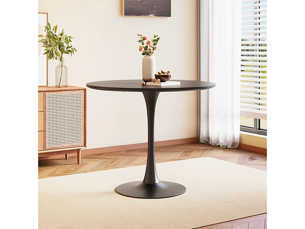 4-Seater Black Round Dining Table with Tulip Base