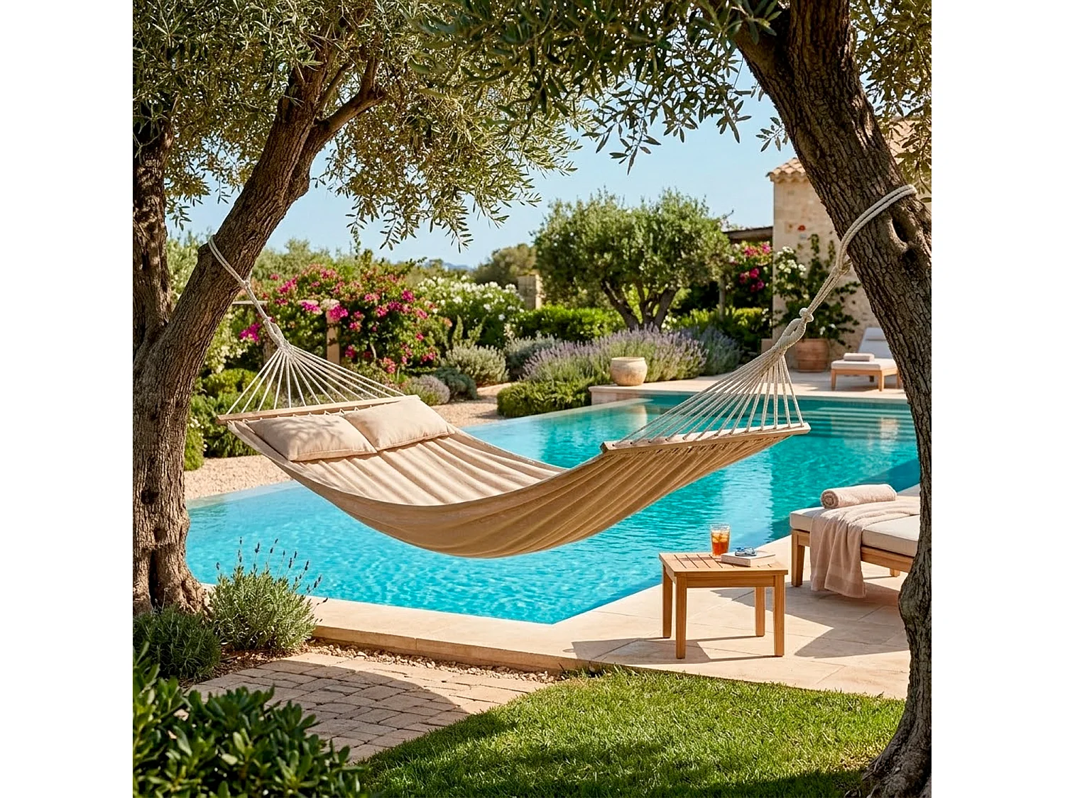 Amaca Doppia Da Esterno Con Barre In Legno E Morbidi Cuscini Ideale Per Giardino Veranda Piscina In Tessuto Resistente Cotone Poliestere 240 x 150 Cm Beige