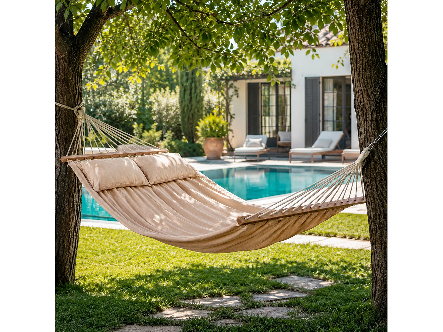 Amaca Doppia Da Esterno Con Barre In Legno E Morbidi Cuscini Ideale Per Giardino Veranda Piscina In Tessuto Resistente Cotone Poliestere 240 x 150 Cm Beige