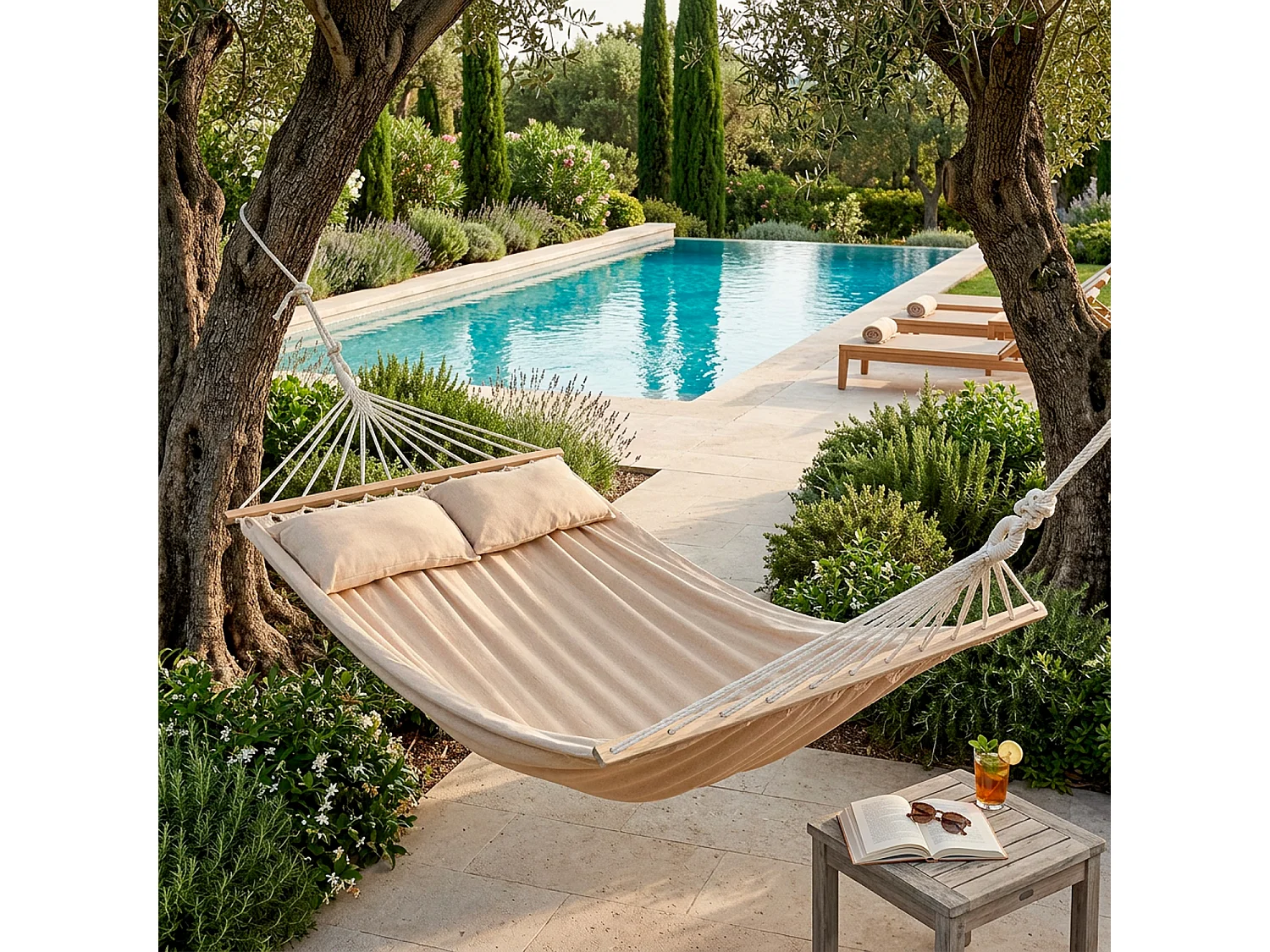 Amaca Doppia Da Esterno Con Barre In Legno E Morbidi Cuscini Ideale Per Giardino Veranda Piscina In Tessuto Resistente Cotone Poliestere 240 x 150 Cm Beige