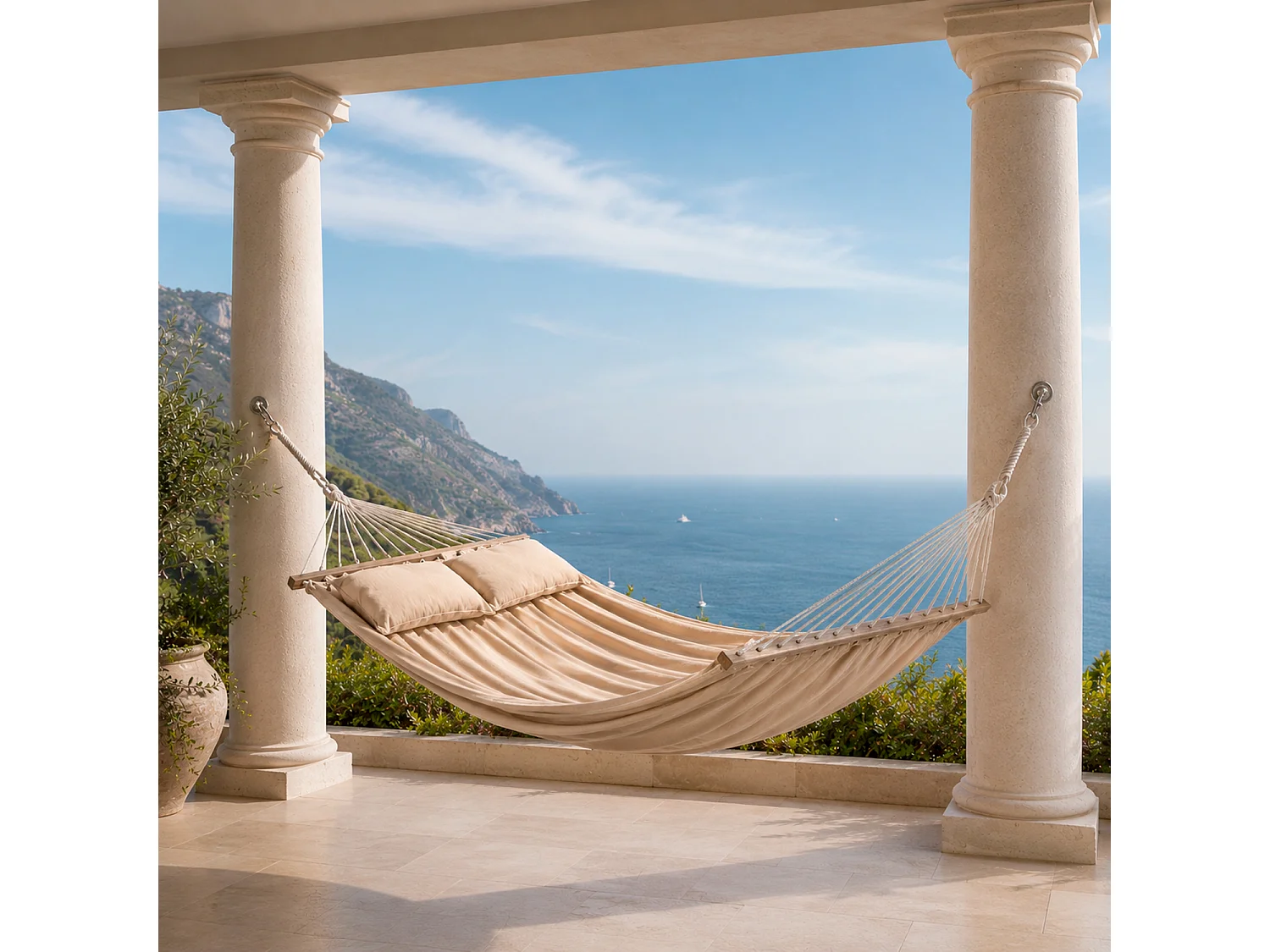 Amaca Doppia Da Esterno Con Barre In Legno E Morbidi Cuscini Ideale Per Giardino Veranda Piscina In Tessuto Resistente Cotone Poliestere 240 x 150 Cm Beige