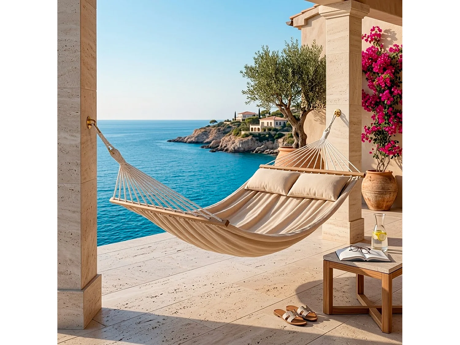 Amaca Doppia Da Esterno Con Barre In Legno E Morbidi Cuscini Ideale Per Giardino Veranda Piscina In Tessuto Resistente Cotone Poliestere 240 x 150 Cm Beige