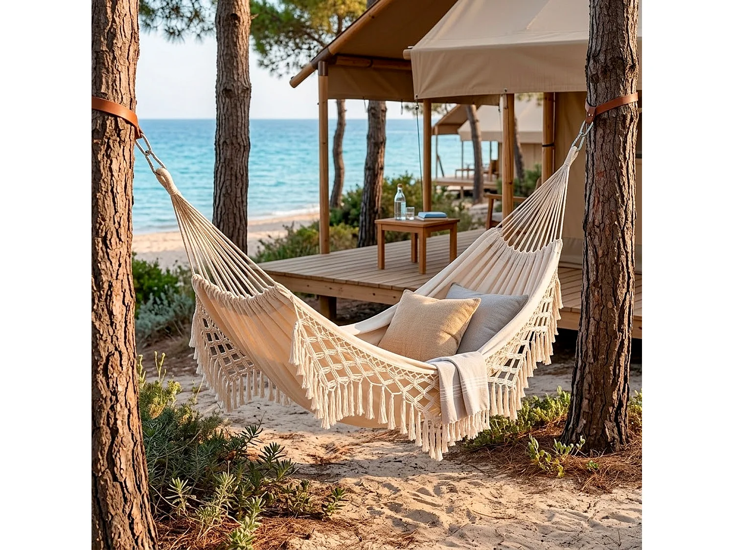 Amaca Matrimoniale Boho Chic Da Giardino Patio Campeggio E Piscina In Cotone E Poliestere Con Frange Decorative Per Relax Outdoor Portata 250 Kg 240 x 150 Cm Beige