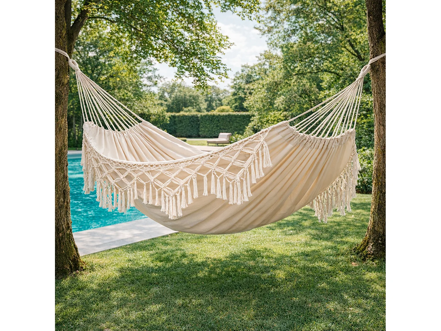 Amaca Matrimoniale Boho Chic Da Giardino Patio Campeggio E Piscina In Cotone E Poliestere Con Frange Decorative Per Relax Outdoor Portata 250 Kg 240 x 150 Cm Beige