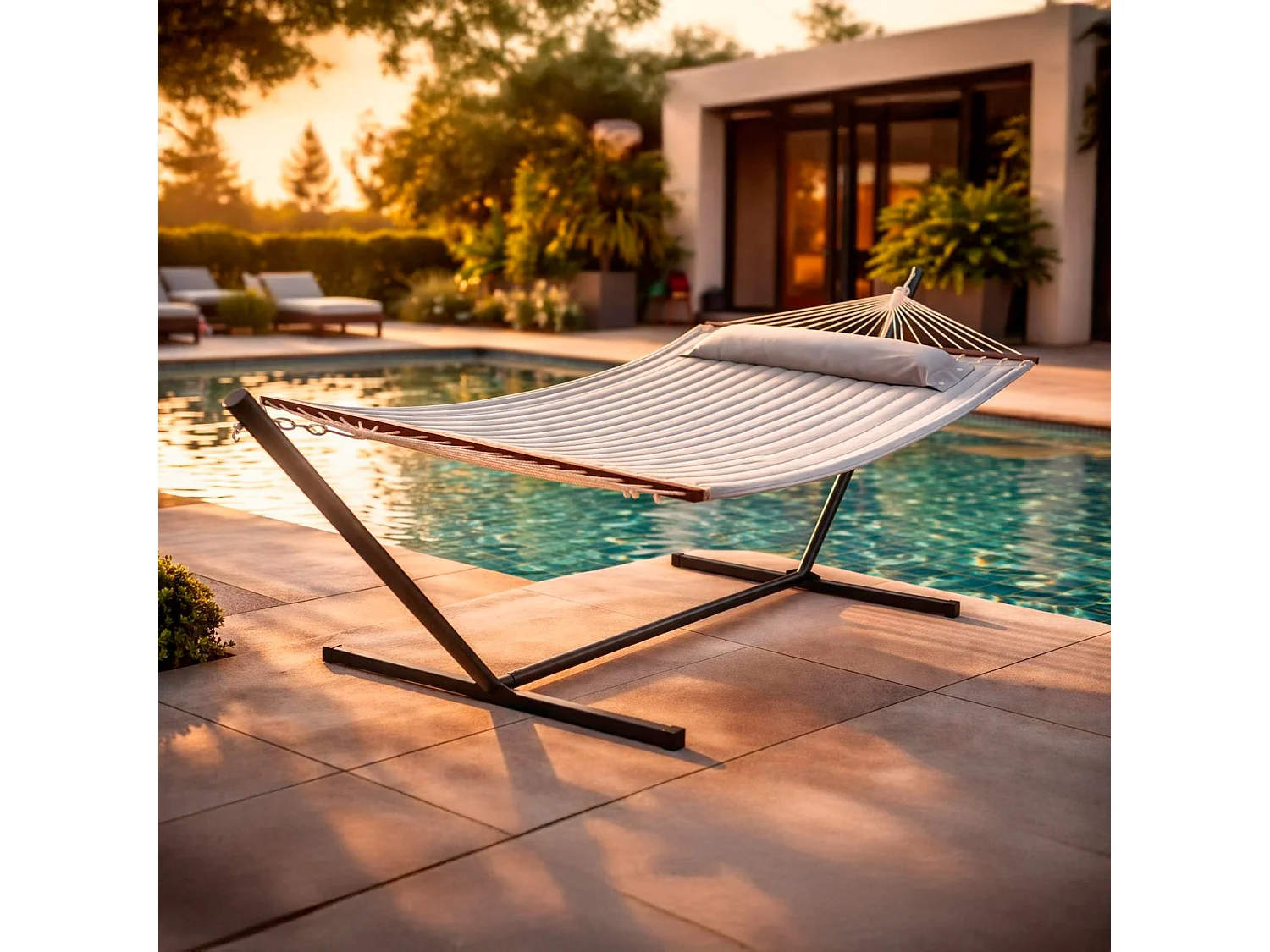 Amaca Matrimoniale Con Supporto In Acciaio Per Giardino Terrazzo Balcone Piscina Tessuto Traspirante Resistente Relax Esterno Facile Montaggio 350 x 120 Cm Grigio