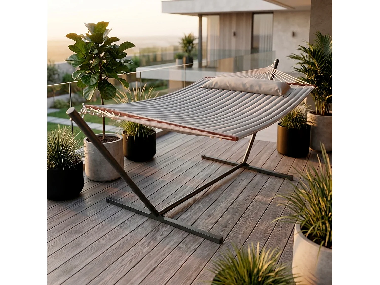 Amaca Matrimoniale Con Supporto In Acciaio Per Giardino Terrazzo Balcone Piscina Tessuto Traspirante Resistente Relax Esterno Facile Montaggio 350 x 120 Cm Grigio