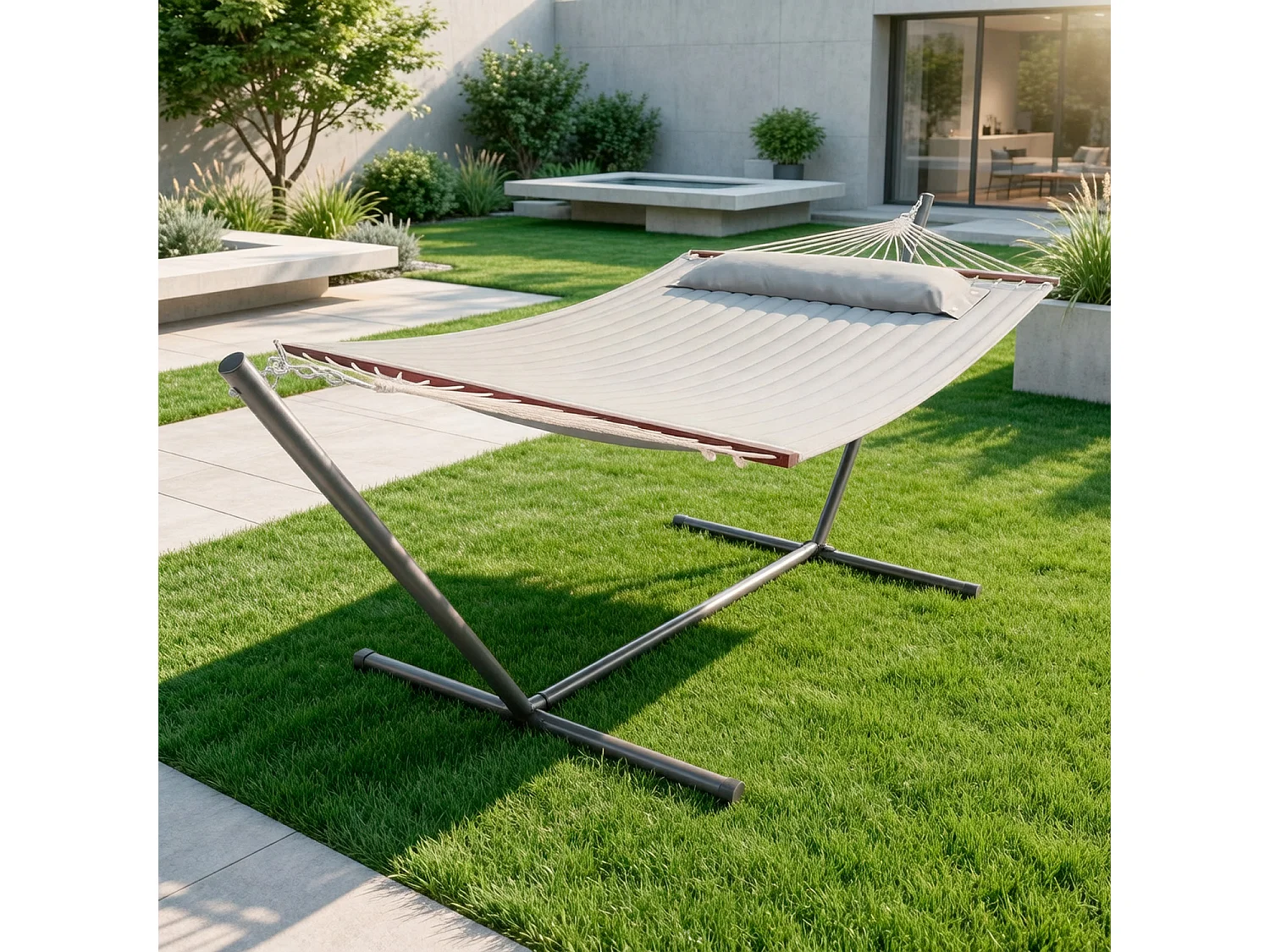 Amaca Matrimoniale Con Supporto In Acciaio Per Giardino Terrazzo Balcone Piscina Tessuto Traspirante Resistente Relax Esterno Facile Montaggio 350 x 120 Cm Grigio