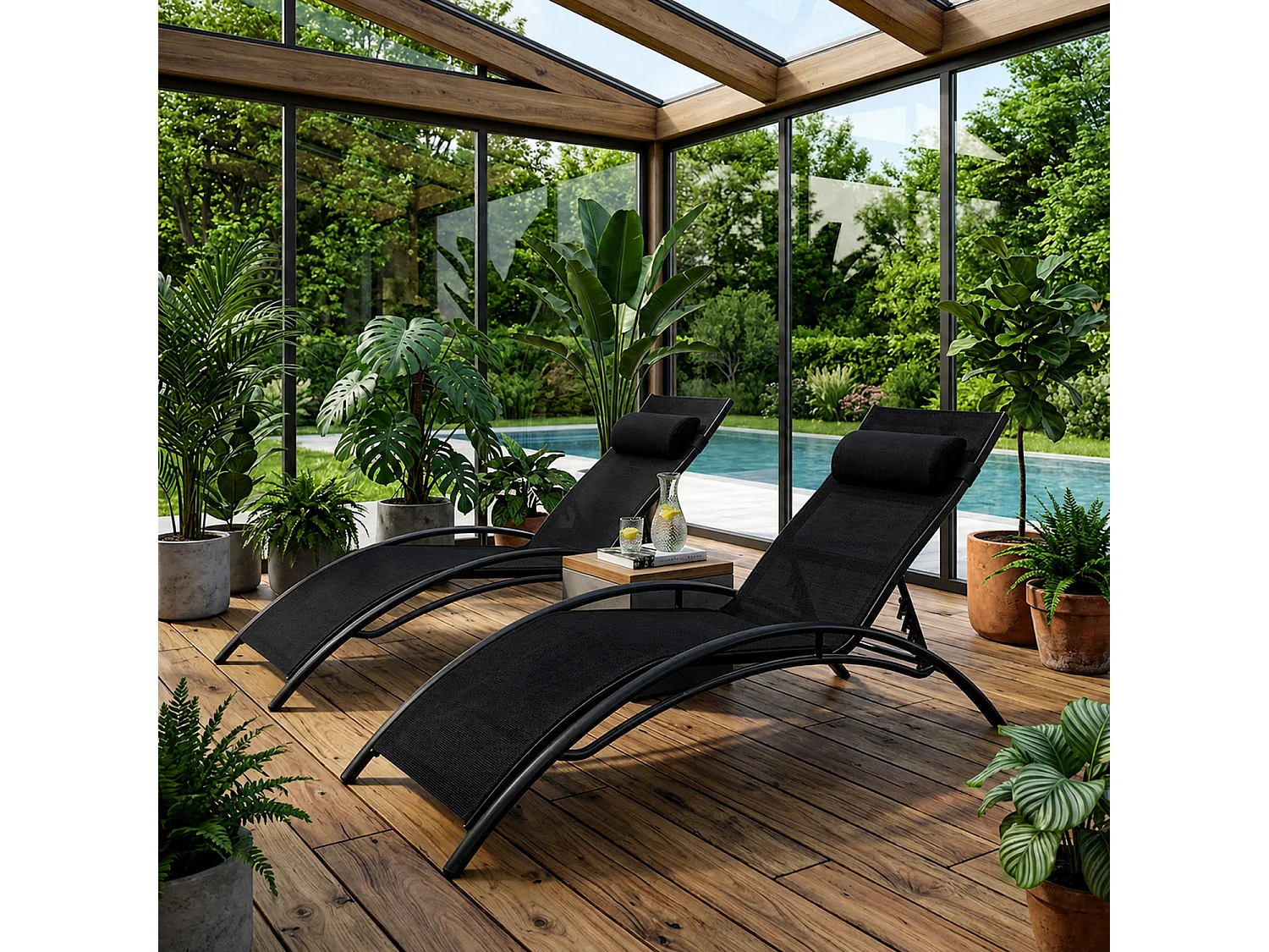 Set 2 Lettini Prendisole Da Terrazza Reclinabili Con Schienale Regolabile 5 Posizioni In Textilene Traspirante Per Giardino Relax Outdoor 59 x 158 x 81.5 Cm Nero