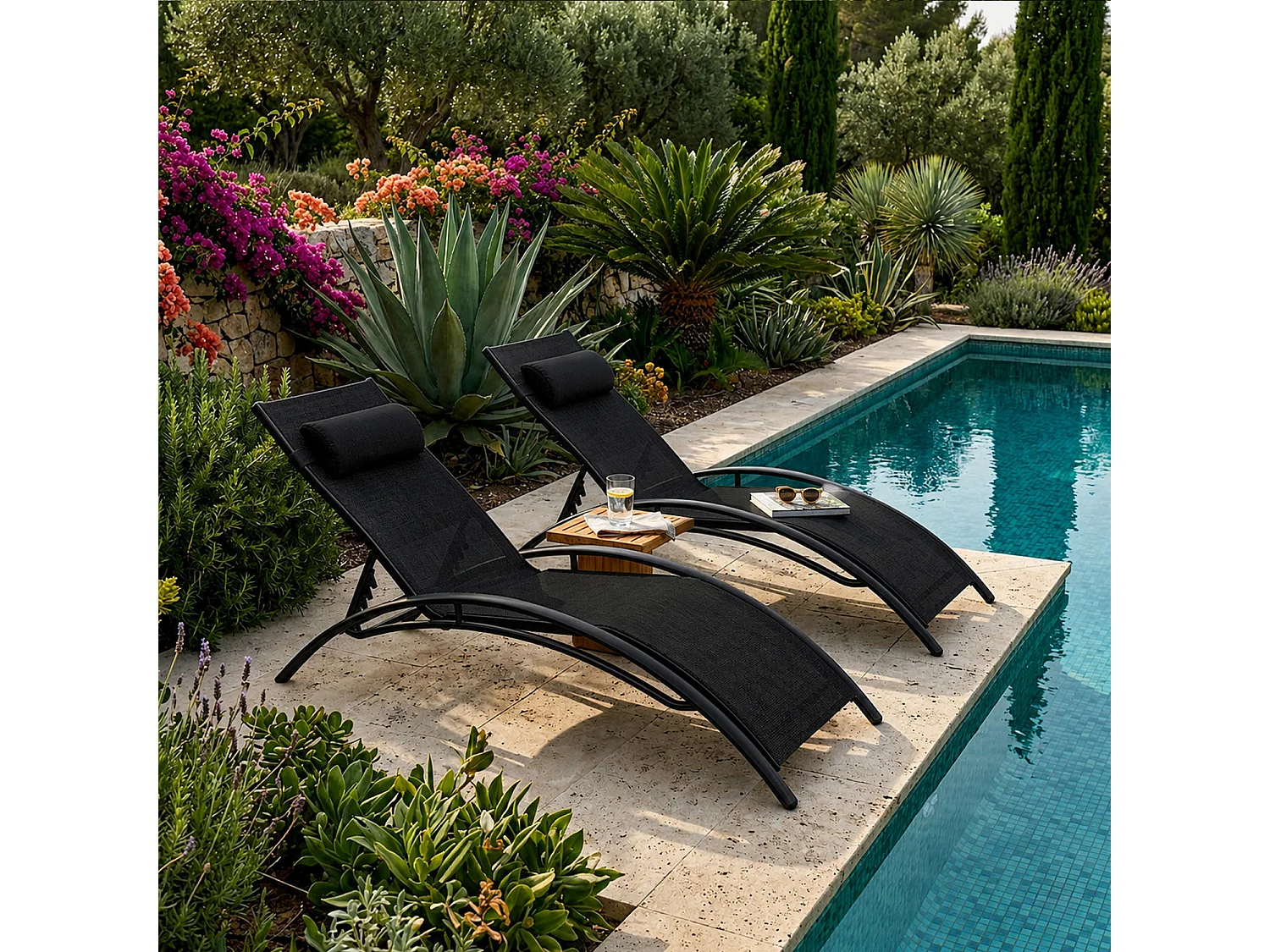 Set 2 Lettini Prendisole Da Terrazza Reclinabili Con Schienale Regolabile 5 Posizioni In Textilene Traspirante Per Giardino Relax Outdoor 59 x 158 x 81.5 Cm Nero