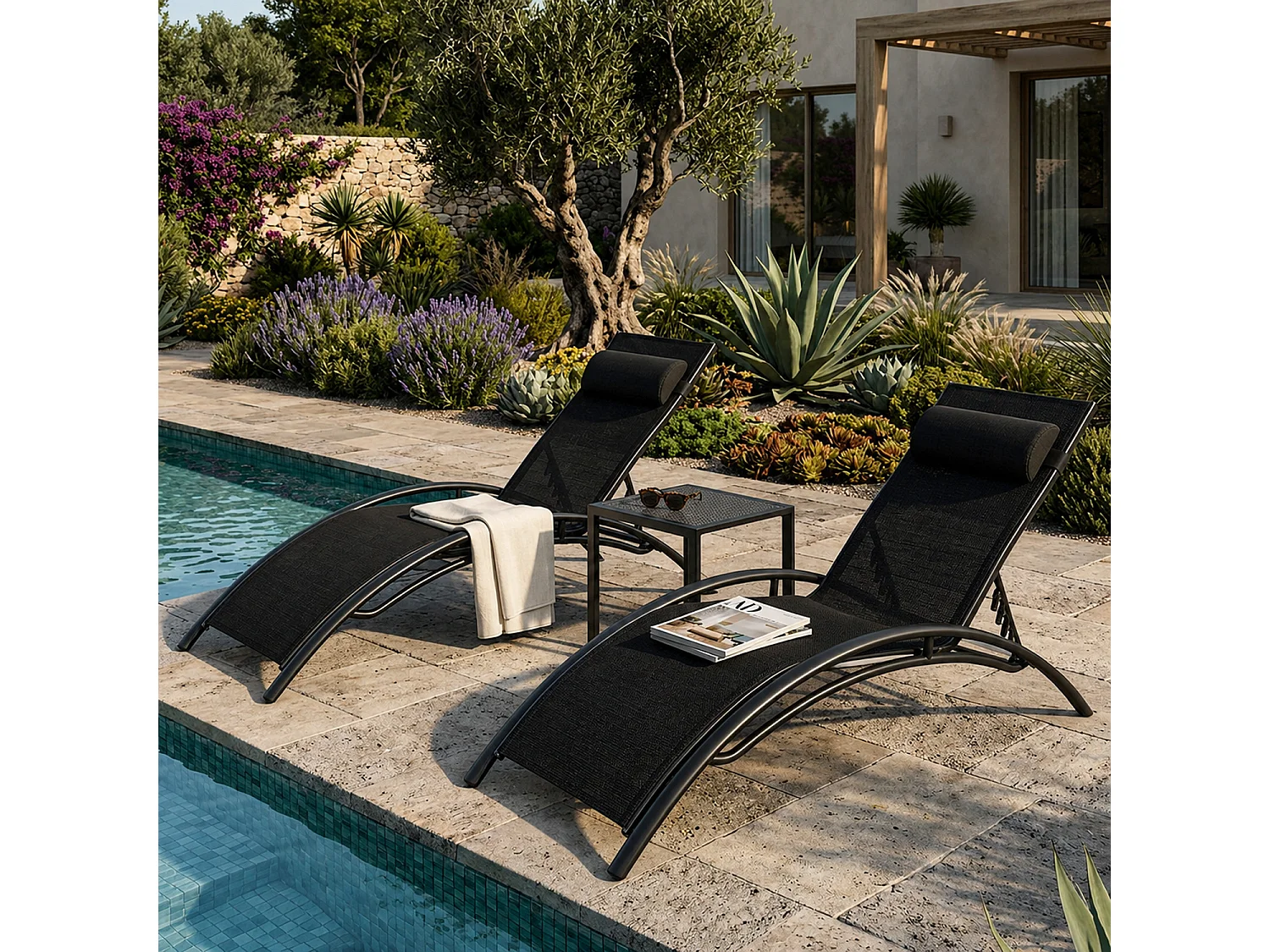 Set 2 Lettini Prendisole Da Terrazza Reclinabili Con Schienale Regolabile 5 Posizioni In Textilene Traspirante Per Giardino Relax Outdoor 59 x 158 x 81.5 Cm Nero