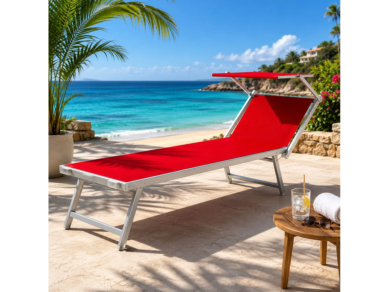 Lettino Prendisole Pieghevole Professionale Alluminio Textilene Tettuccio Orientabile Parasole Mare Spiaggia Piscina Giardino 182 x 60 x 38 Cm Rosa