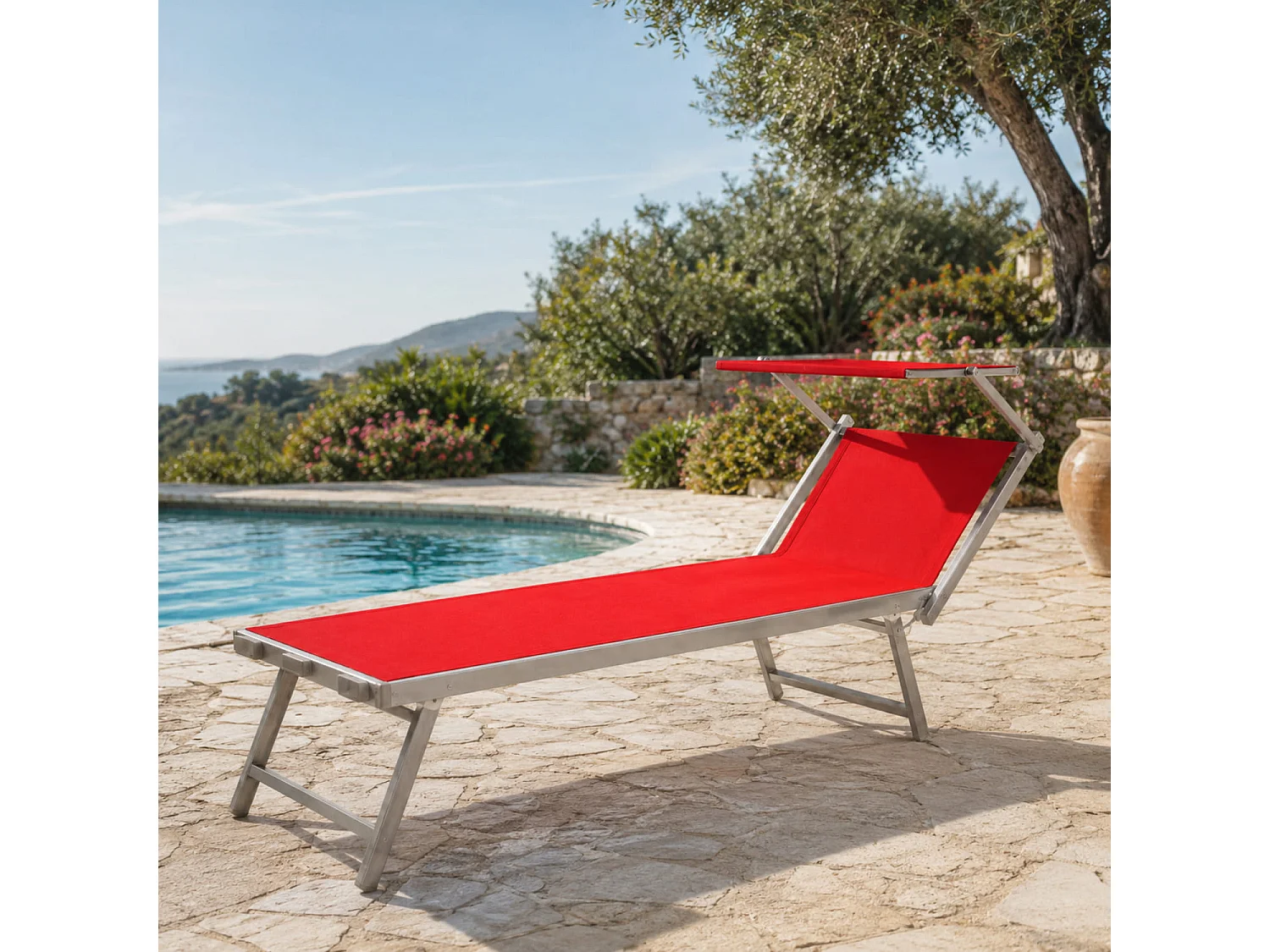 Lettino Prendisole Pieghevole Professionale Alluminio Textilene Tettuccio Orientabile Parasole Mare Spiaggia Piscina Giardino 182 x 60 x 38 Cm Rosa