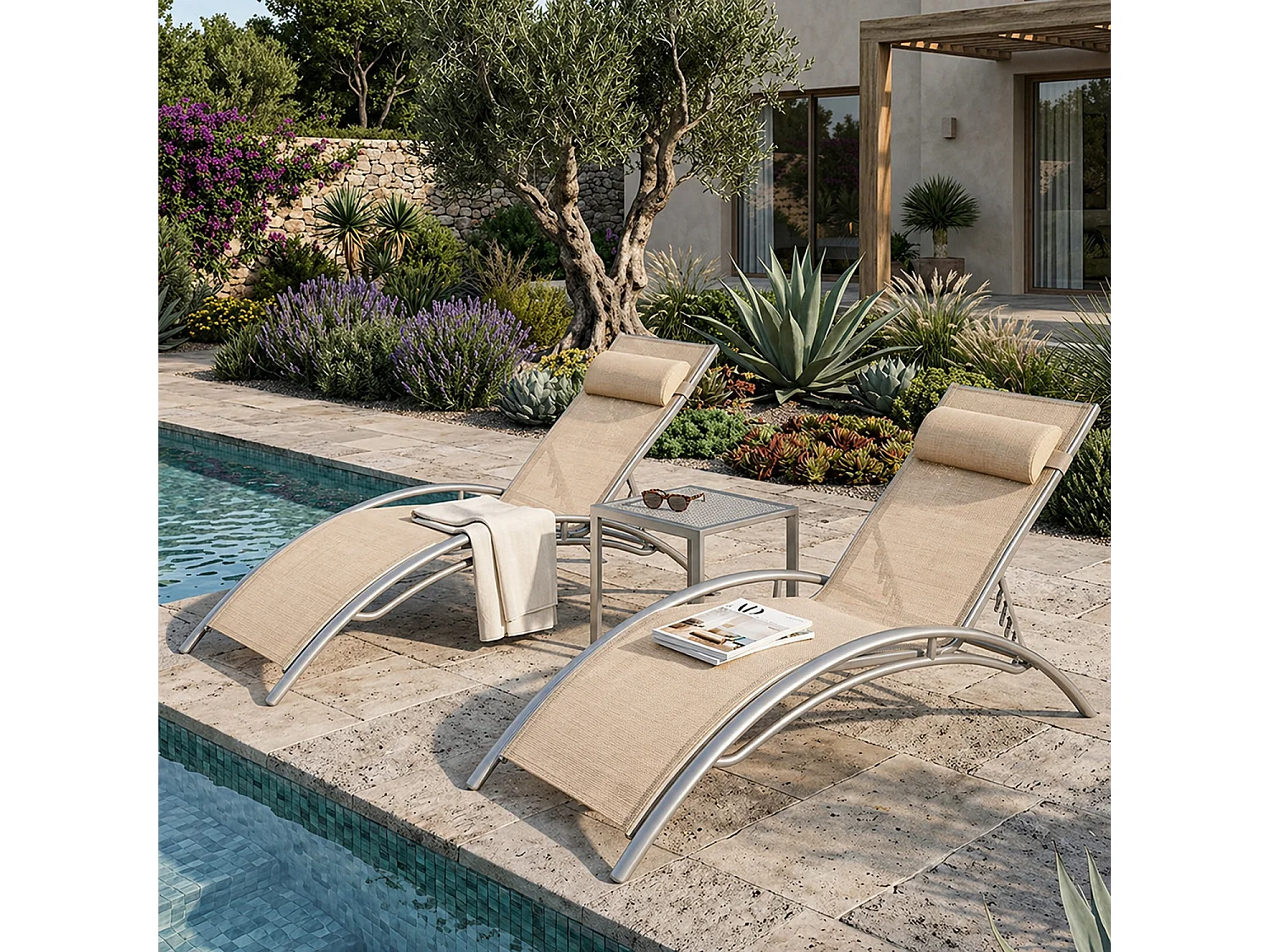 Set 2 Lettini Da Relax Reclinabili Con Schienale Regolabile 5 Posizioni In Textilene Traspirante Per Giardino Terrazza Piscina Outdoor 59 x 158 x 81.5 Cm Beige