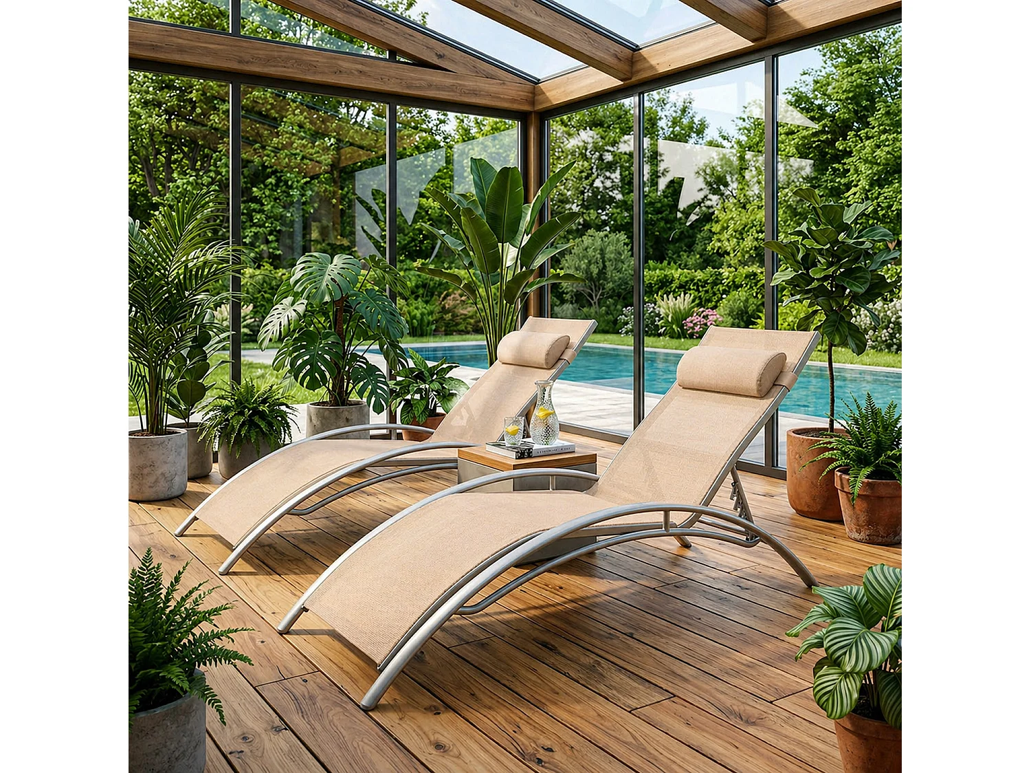 Set 2 Lettini Da Relax Reclinabili Con Schienale Regolabile 5 Posizioni In Textilene Traspirante Per Giardino Terrazza Piscina Outdoor 59 x 158 x 81.5 Cm Beige