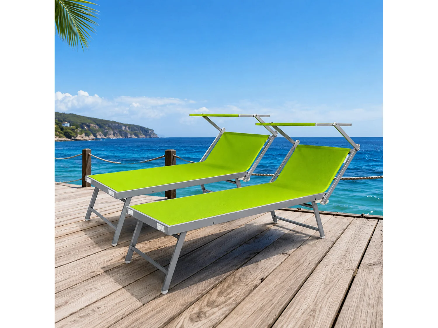 Set Da 2 Lettini Prendisole Pieghevole Professionale In Alluminio Tettuccio Orientabile Tettino Parasole Per Mare Spiaggia Piscina 182 X 60 X 38 Cm Verde Fluo