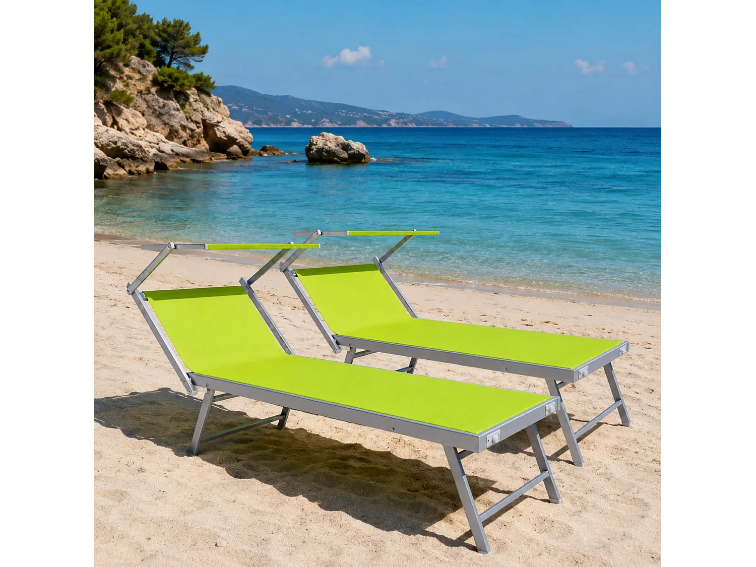 Set Da 2 Lettini Prendisole Pieghevole Professionale In Alluminio Tettuccio Orientabile Tettino Parasole Per Mare Spiaggia Piscina 182 X 60 X 38 Cm Verde Fluo