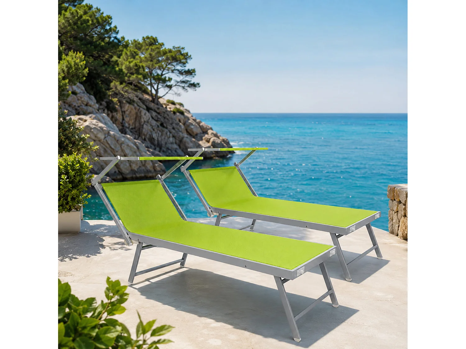 Set Da 2 Lettini Prendisole Pieghevole Professionale In Alluminio Tettuccio Orientabile Tettino Parasole Per Mare Spiaggia Piscina 182 X 60 X 38 Cm Verde Fluo