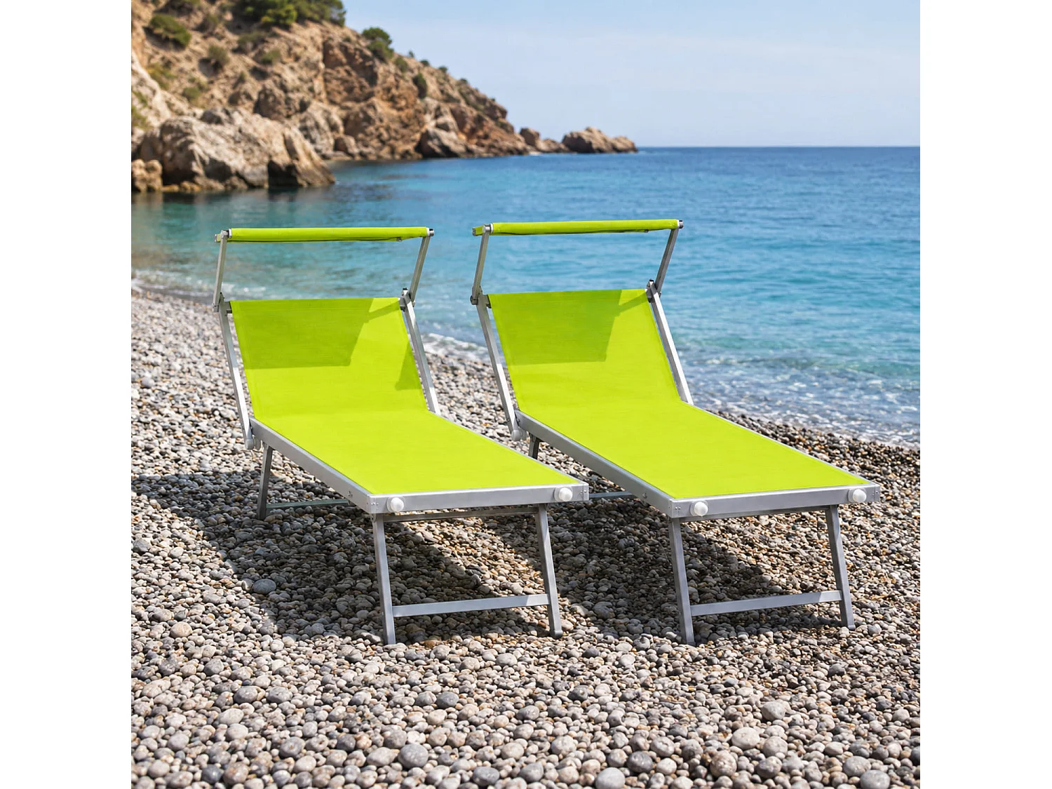 Set Da 2 Lettini Prendisole Pieghevole Professionale In Alluminio Tettuccio Orientabile Tettino Parasole Per Mare Spiaggia Piscina 182 X 60 X 38 Cm Verde Fluo