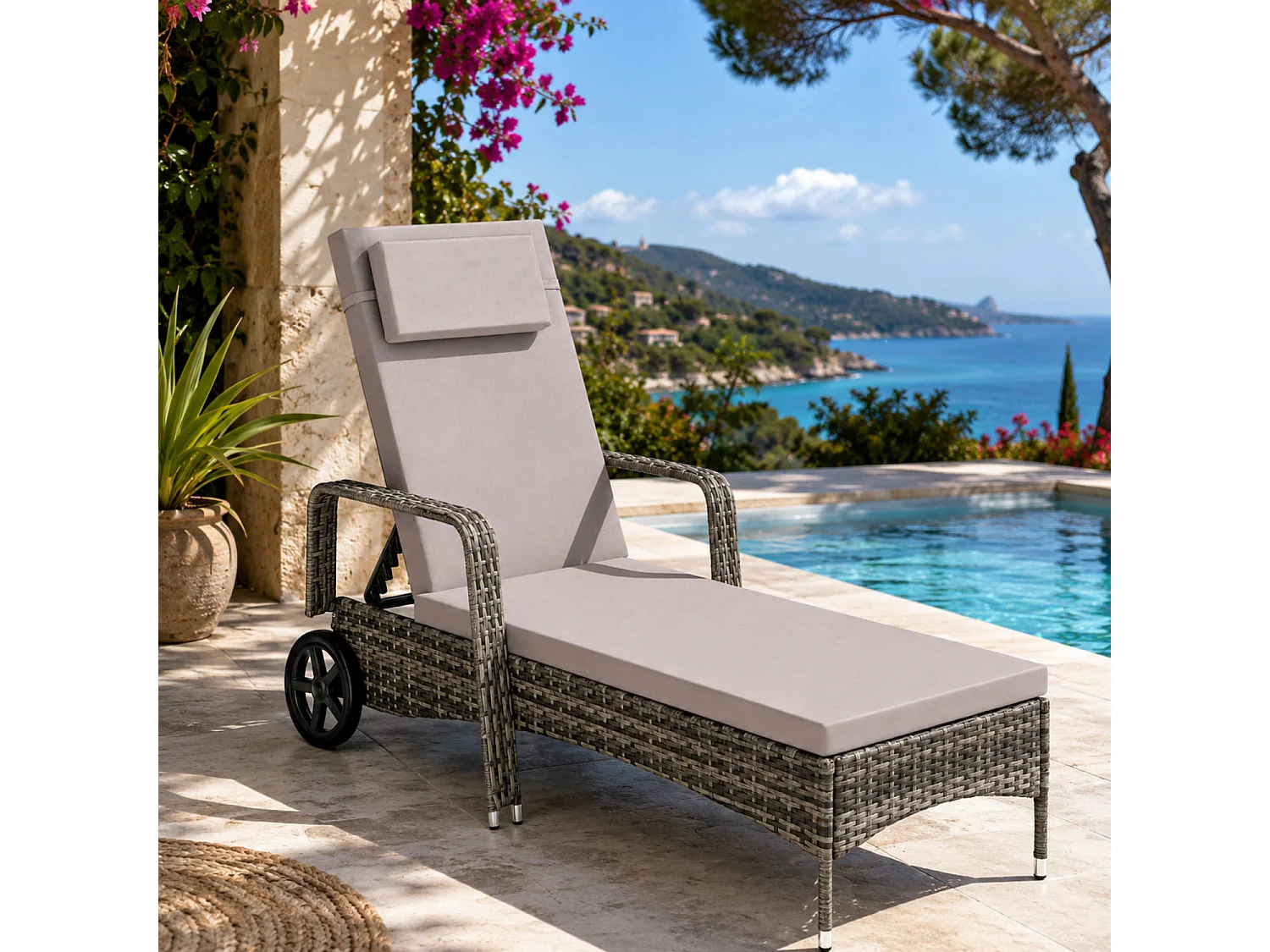 Lettino Da Giardino Reclinabile In Polyrattan Con Schienale Regolabile Sei Posizioni Poggiatesta Ergonomico E Ruote Per Relax Outdoor 196 x 72 x 94.5 Cm Grigio