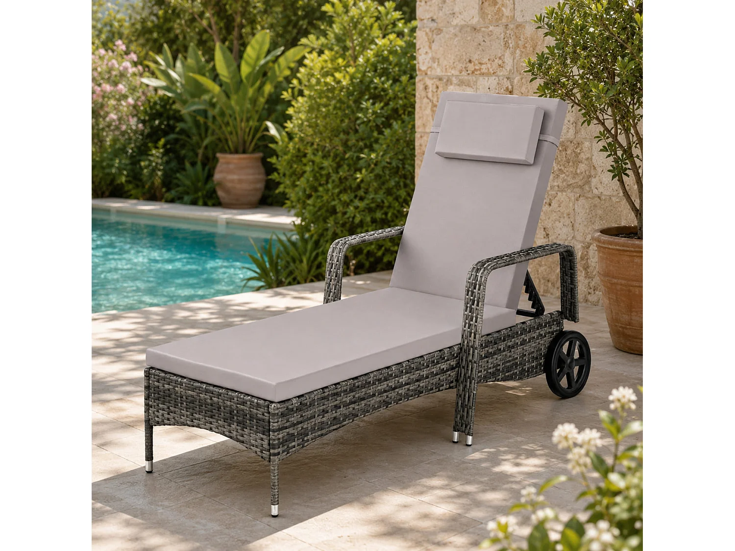 Lettino Da Giardino Reclinabile In Polyrattan Con Schienale Regolabile Sei Posizioni Poggiatesta Ergonomico E Ruote Per Relax Outdoor 196 x 72 x 94.5 Cm Grigio